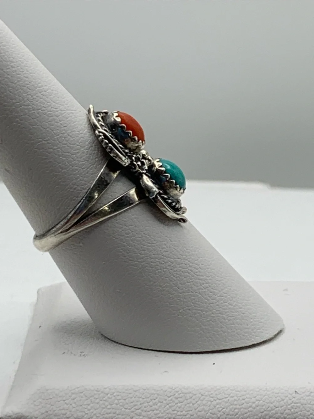 VTG Signed D. PAUL Navajo 925 Silver Turquoise Coral Bypass Ring 7.5